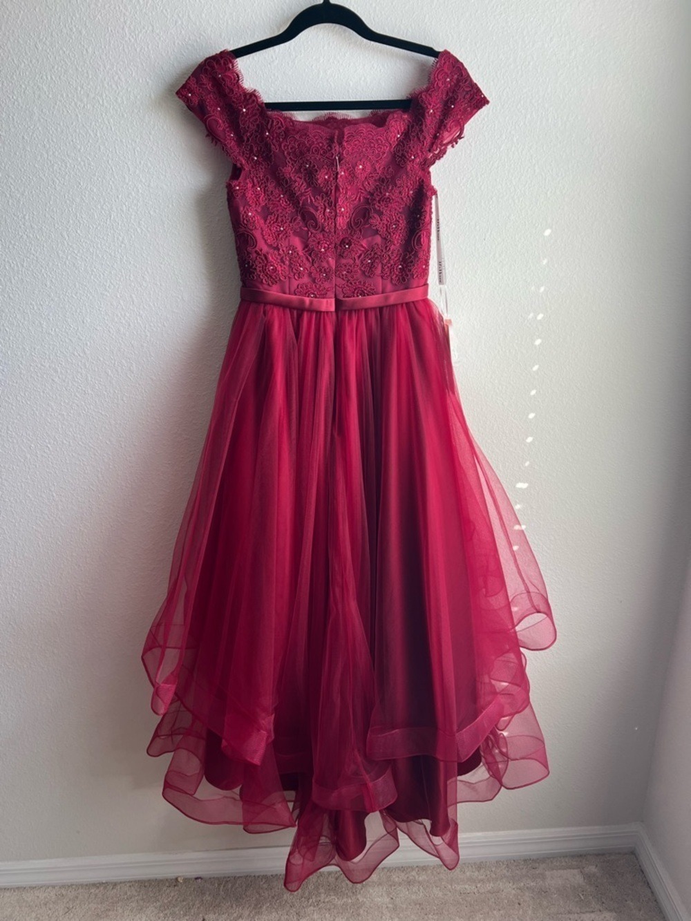 JJs House Burgundy Off-the-Shoulder High-Low Tulle Ball Gown - Picture 6 of 8